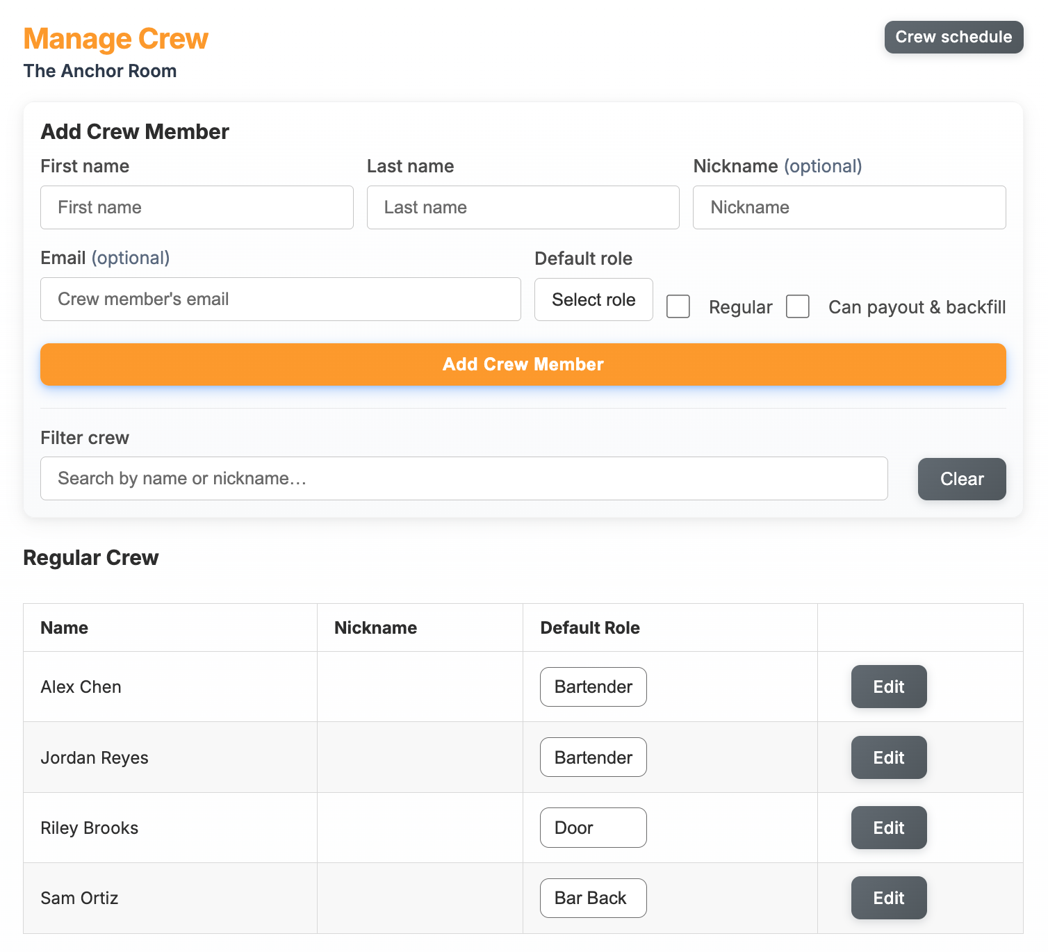 Manage Crew screen listing bartenders, barbacks, and door staff with default roles
