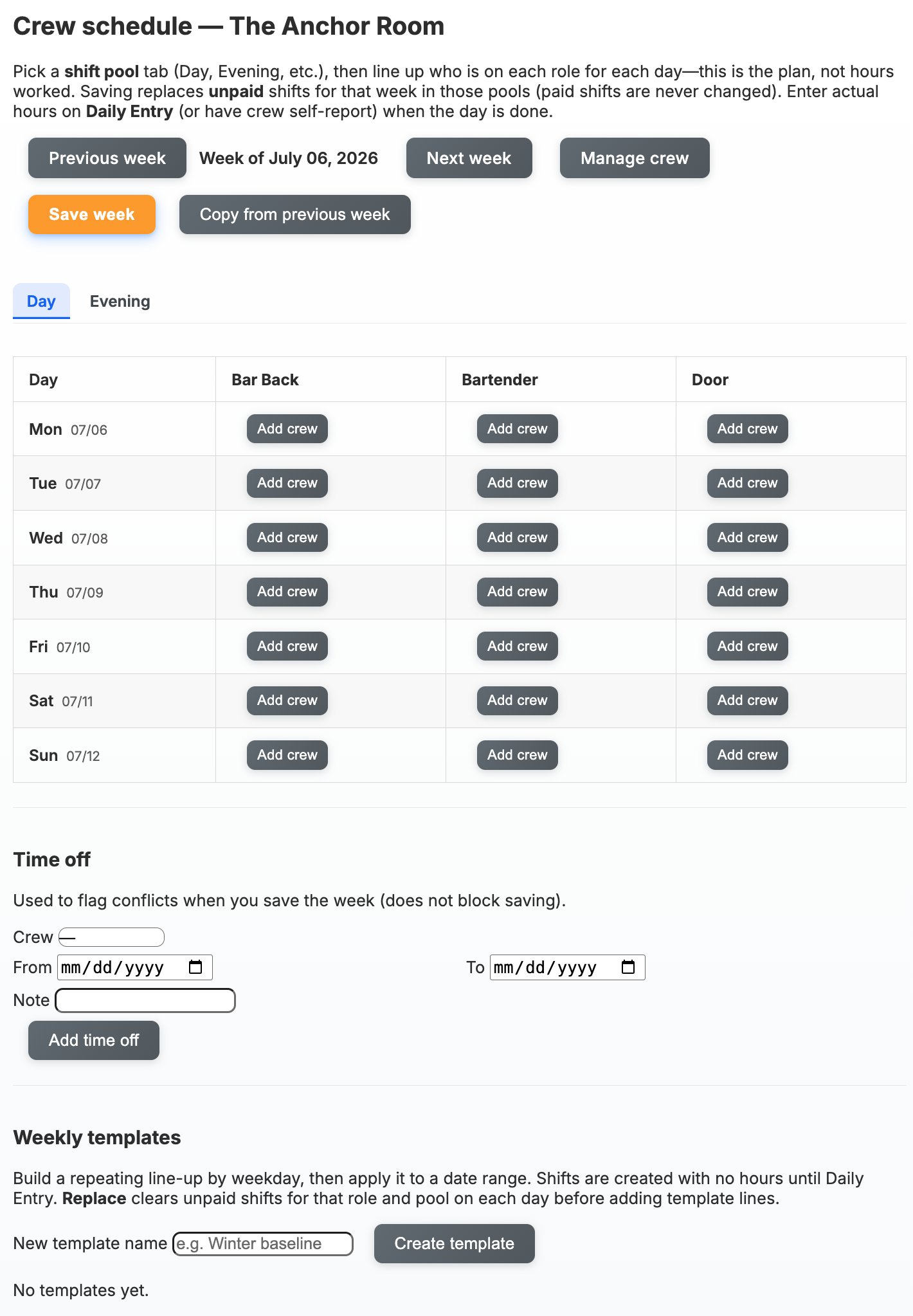 Weekly crew schedule by role and shift pool